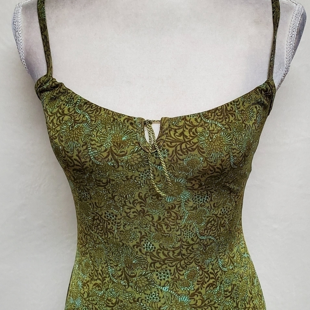 VINTAGE A. Aubrey Green Paisley Stretchy Pin-up Tie Bust Midi Bodycon Dress S - Picture 5 of 16